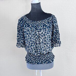 Ann Taylor Giraffe Print Flutter Sleeve Smocked Blouse - Teal - Size S